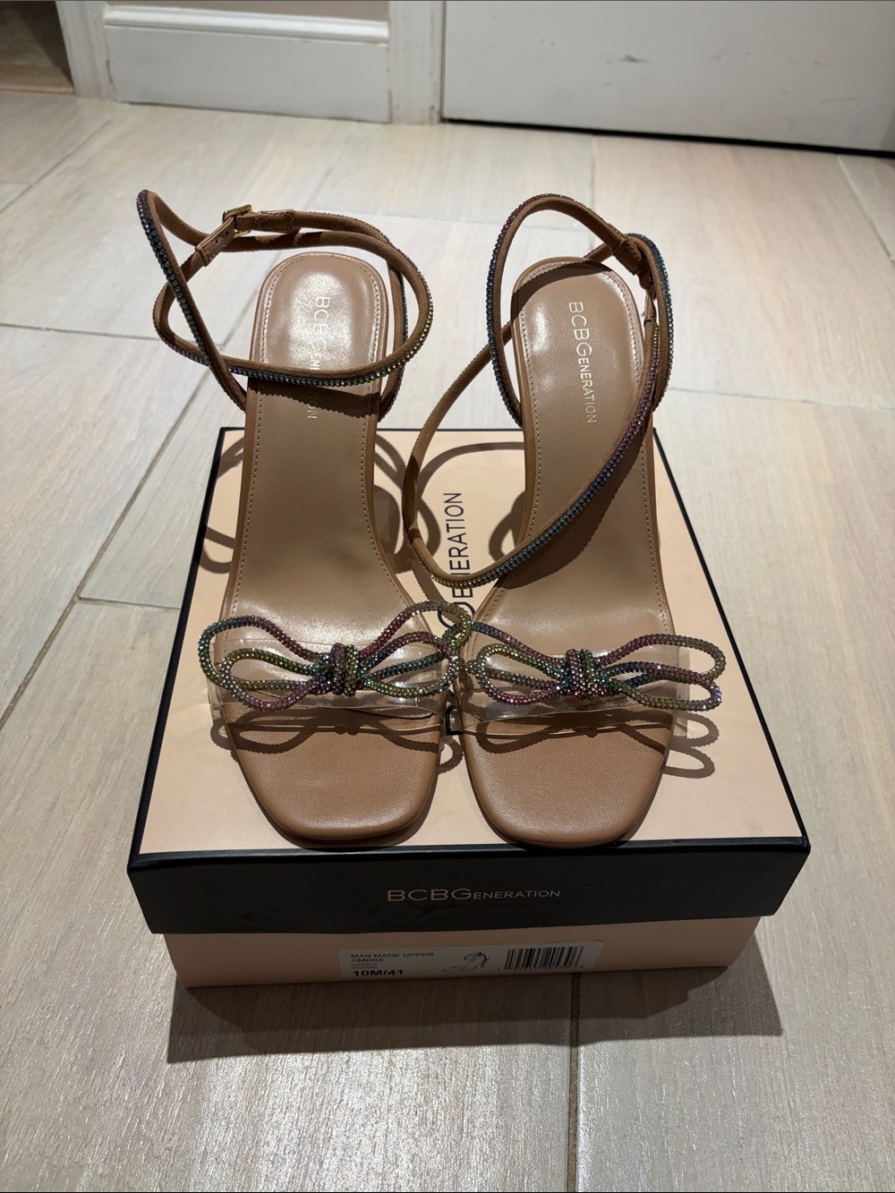 BCBGeneration Tan Heeled Sandals with Multicolor Crystal Bow Accent